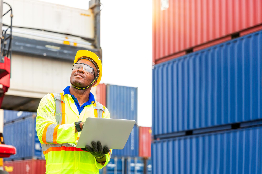 homem analisando dados em porto com containers