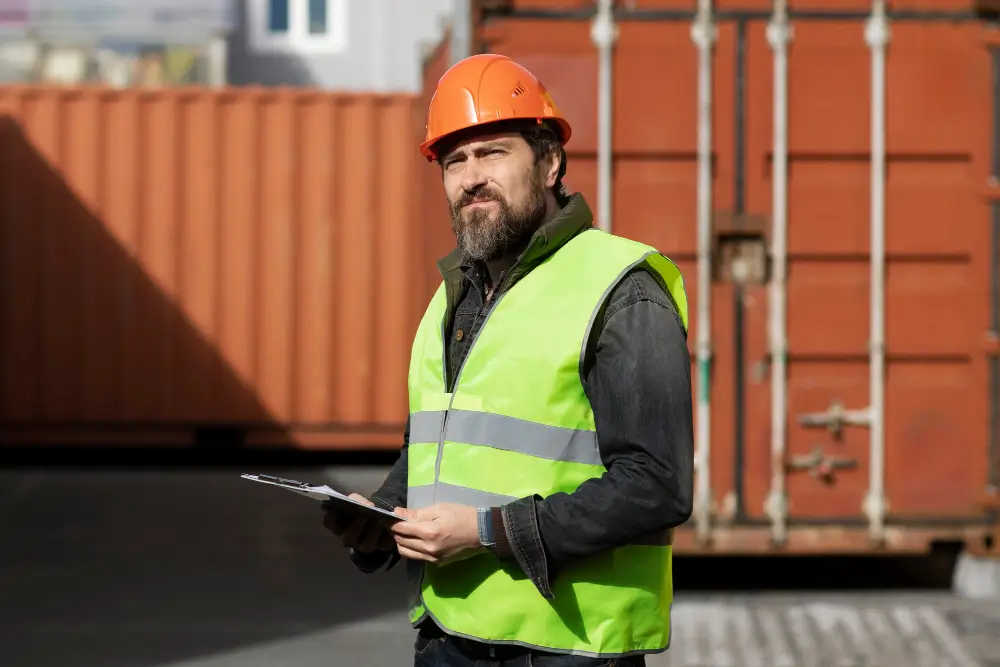 homem analisando um tablet em meio aos containers simbolizando vistoria aduaneira