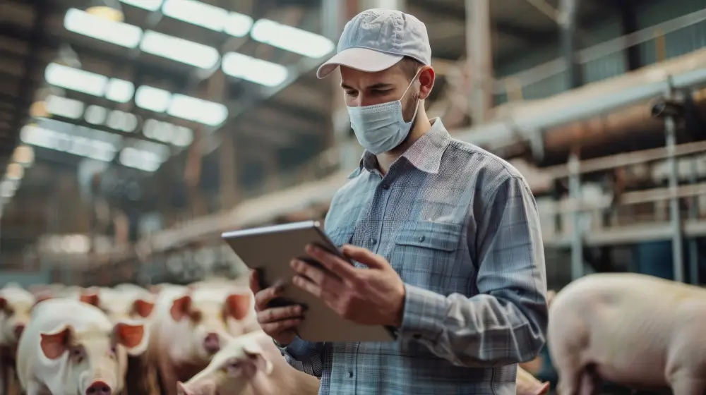 homem analisando dados no tablet em um açougue representando a exportação de carnes