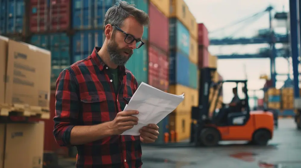 homem analisando papeis no ambiente cheio de containers representando o certificado oea