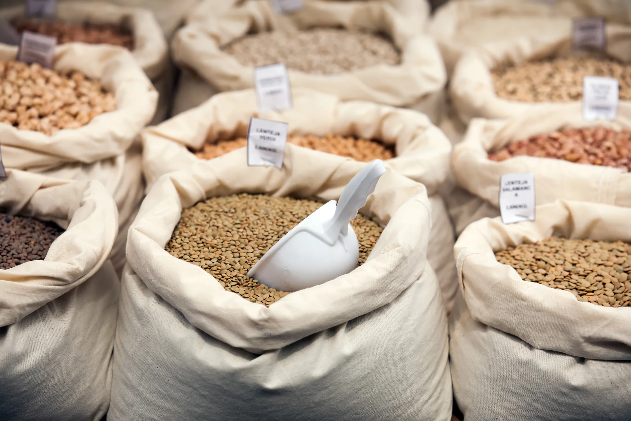 Various grains in bags at market