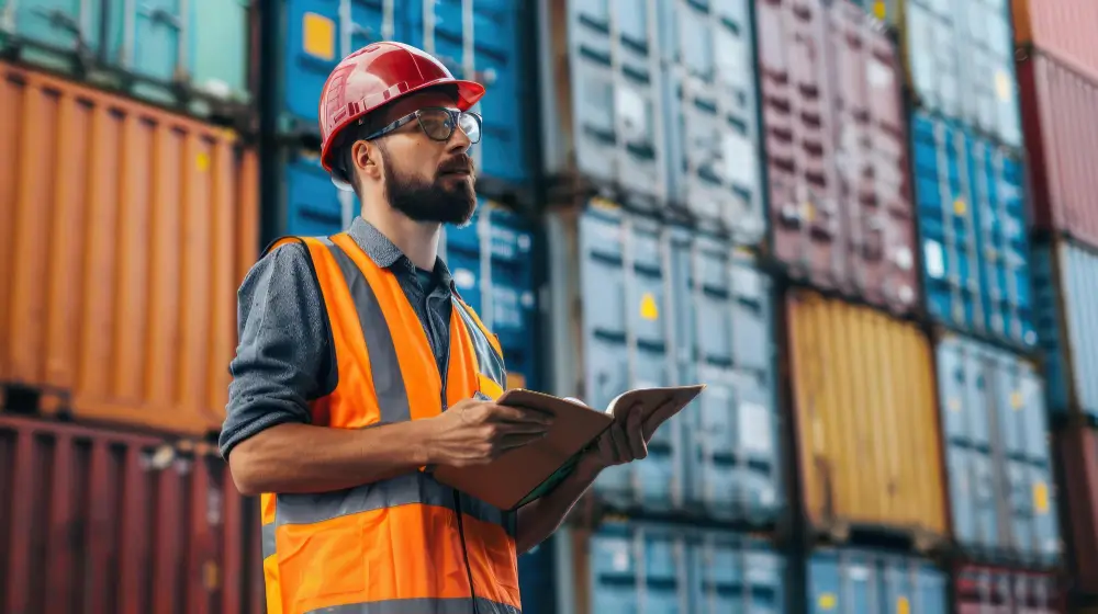 homem em porto com containers